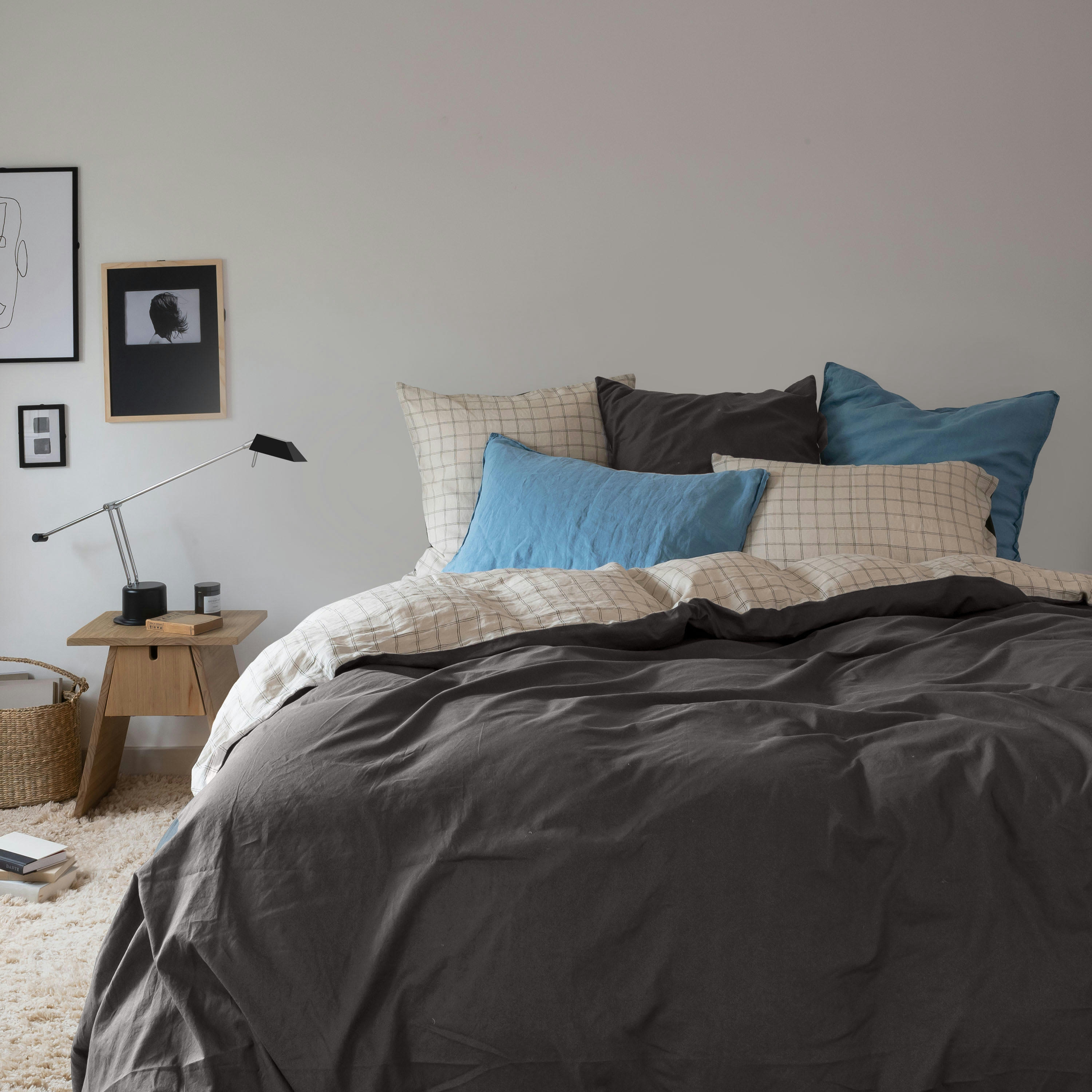 SONGE - Housse de couette Charbon Carreaux uni gris 260 x 240 cm