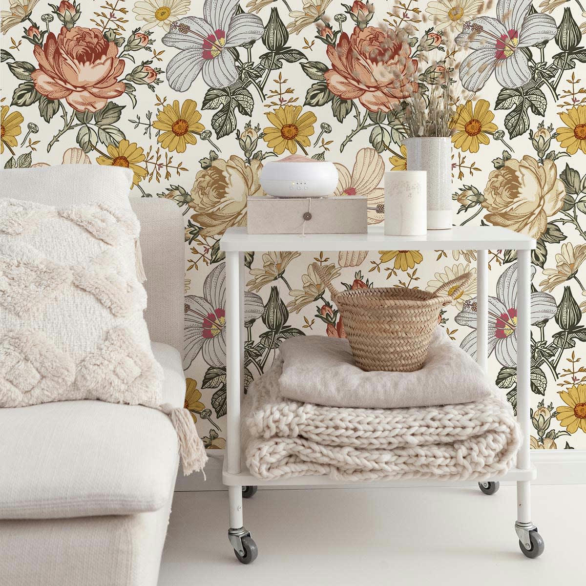 FLOWERS - Papier peint vinyle adhésif fleurs vintage multicolore 50x300 cm