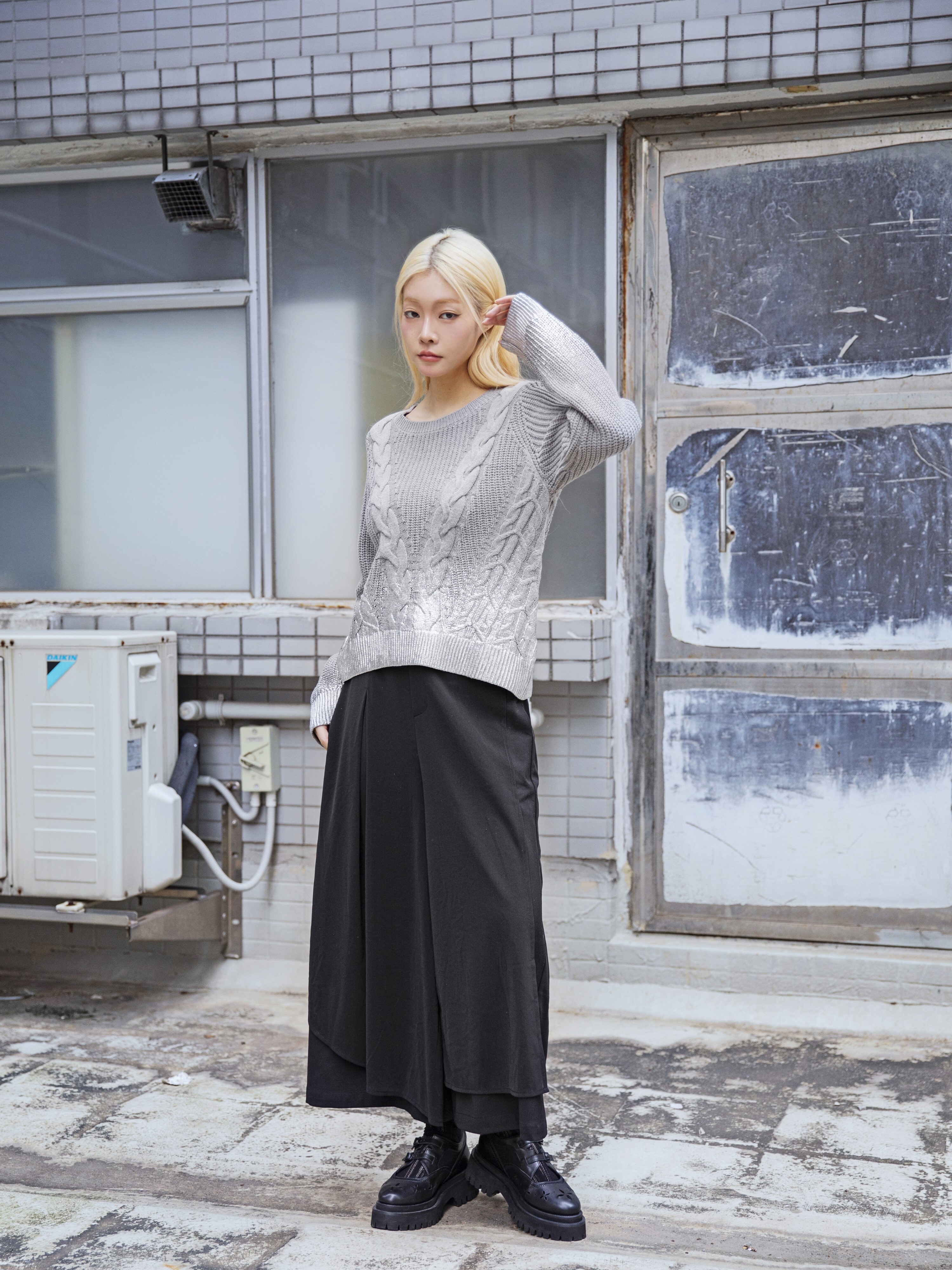 Metallic foil print cable -knit sweater - 25WRT237X