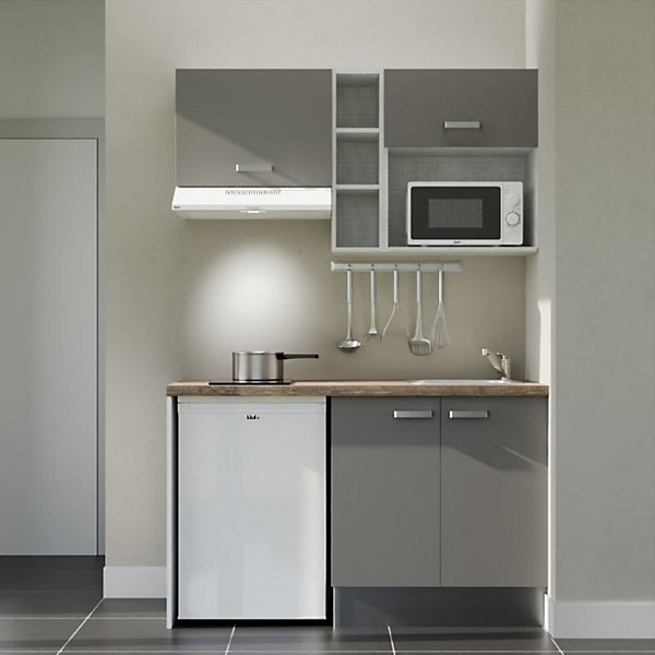 Kitchenette K13 - 140 cm - Façades : Gris - Plan de travail : Bois - Crédences : Non - Evier