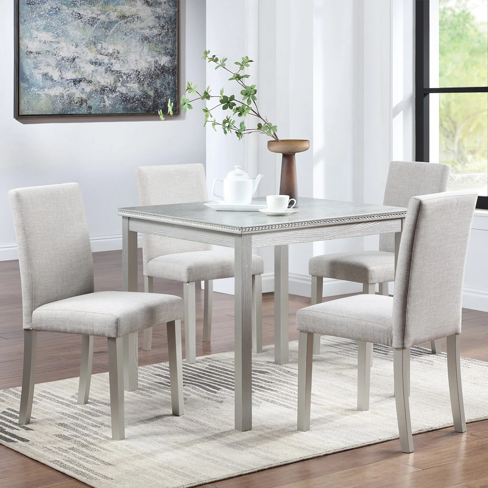 Farmhouse 5 Piece Crystal Decoration Dining Table Set, Solid Wood Kitchen Table Set with Square Table and 4 Upholstered Chairs