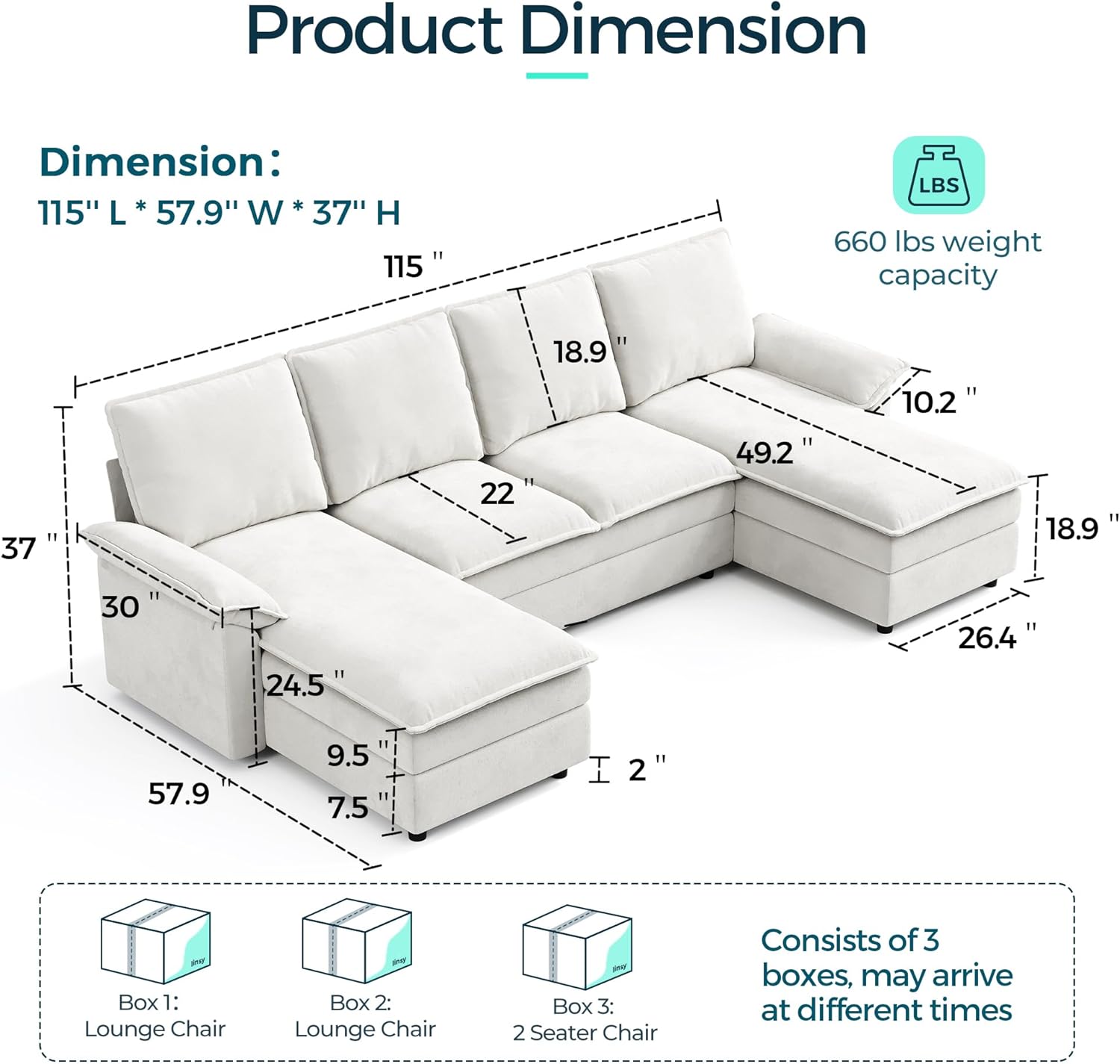 LINSY HOME U Shaped Cloud Couches, 115 Modular Sectional Sofa with Double Chaise, Chenille 4 Seater Sofa Set for Living Room, Apartment, Office, Beige