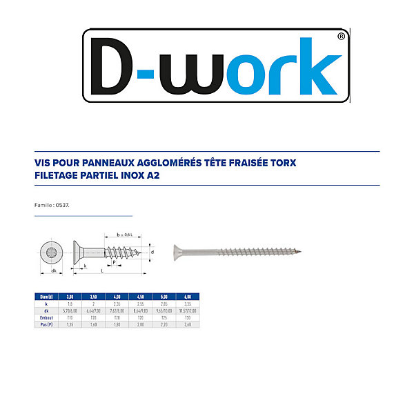 200 Vis Bois Tête Fraisée Torx T20 F/Partiel 4 x 60 mm - Inox A2 - D-Work