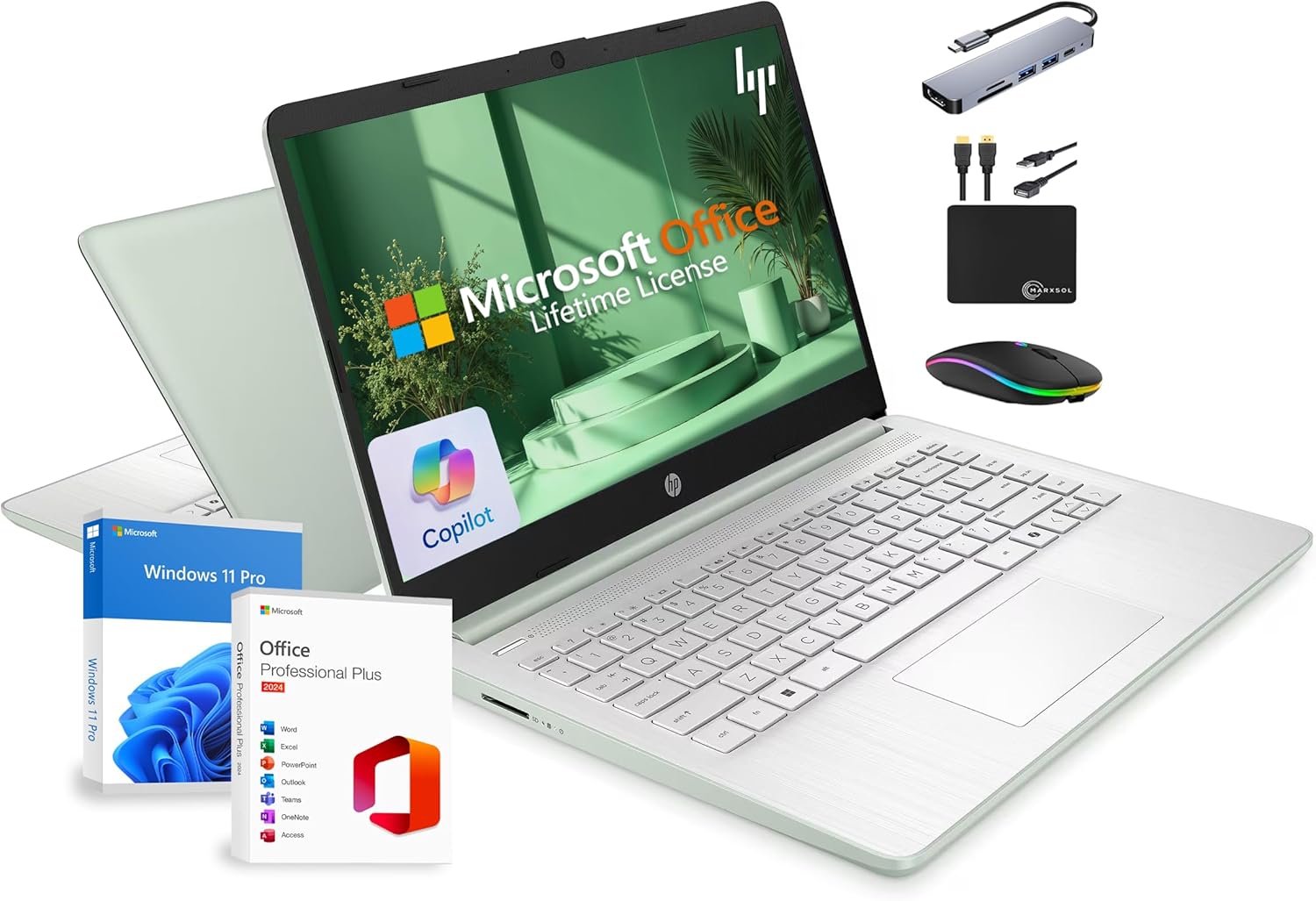 HP 14 Laptop 2025 Business Student Slim Computer  Lifetime MS Office  Copilot AI  Quad-Core Intel CPU  16GB RAM  628GB Storage (128GB UFS+500GB Ext)  MarxsolAccessory  Wi-Fi 6  Win 11 Pro  Green
