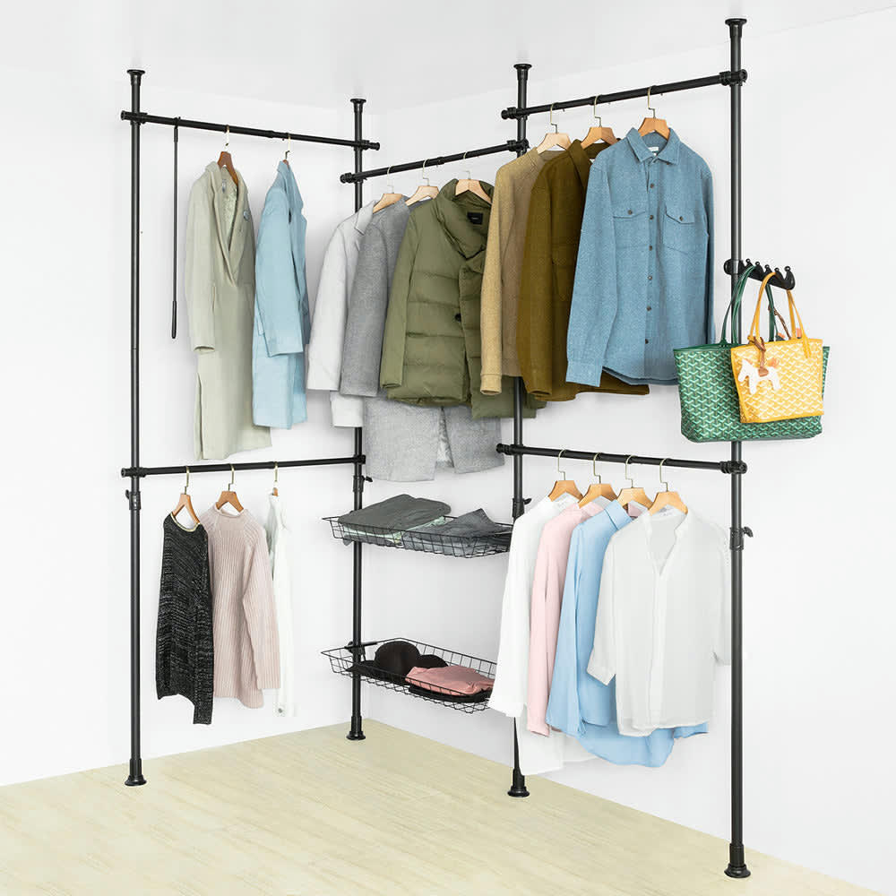 - Télescopique garde-robe 5 barres 2 paniers en métal noir