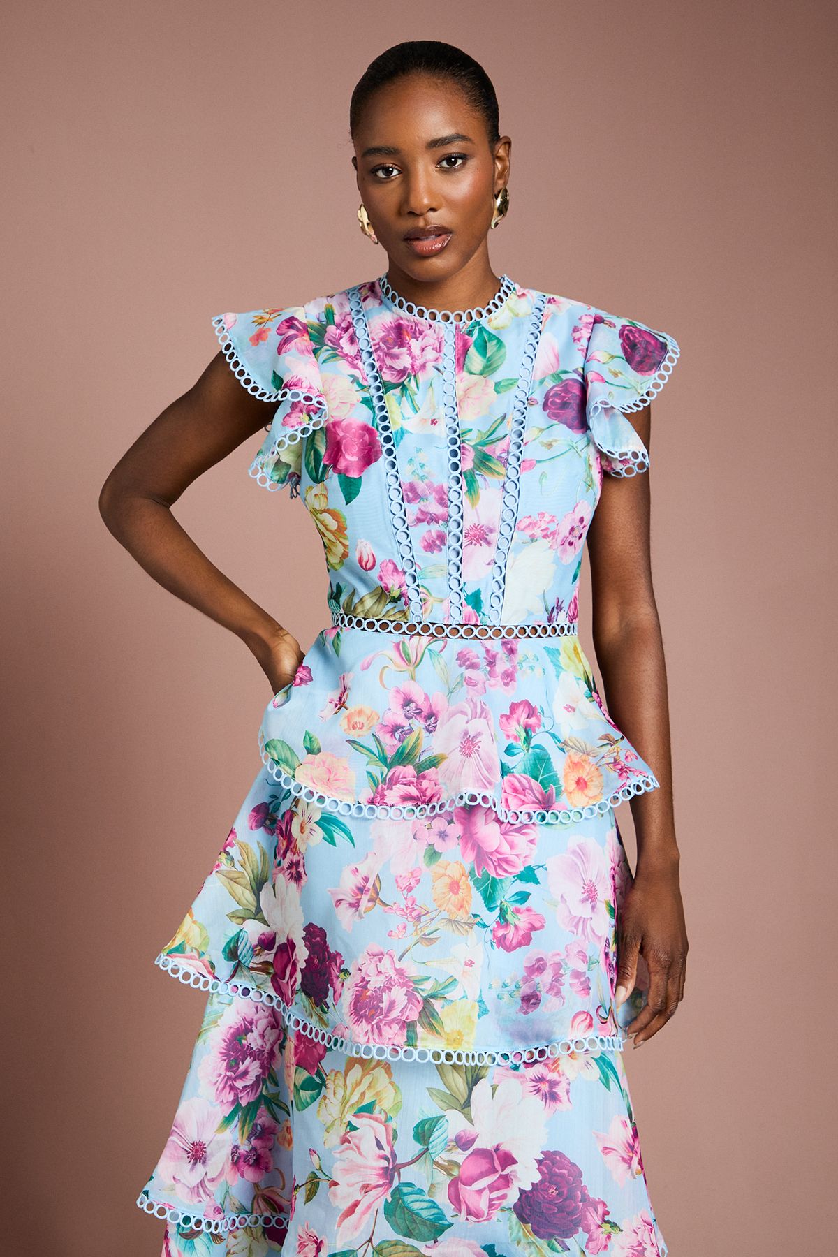 Coast Lace Trim Tiered Organza Midi Dress