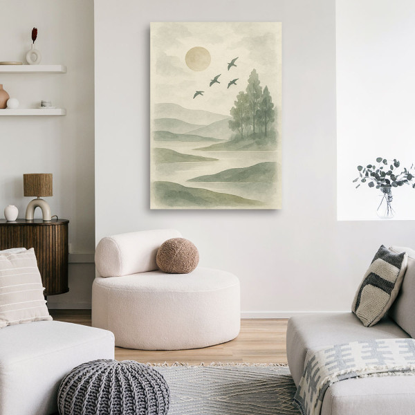 Feeby Obraz Japandi, Pejzaż Natury Akwarela Beżowy Las Samoloty 40x60