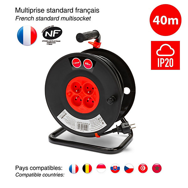 Enrouleur bricolage, 4 prises, 40 mètres, 3G1.5mm2, NF