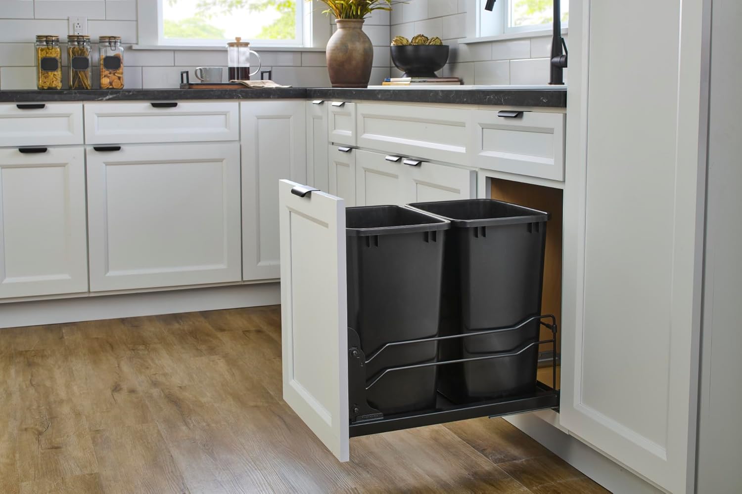 Rev-A-Shelf Steel Double Pullout Waste Container with Soft-Close, 35 Quart, Black - Sliding Garbage Bin System with Dual Trash Can for 18 Home Kitchen Base Cabinet, 53WC-1835SCDM-218