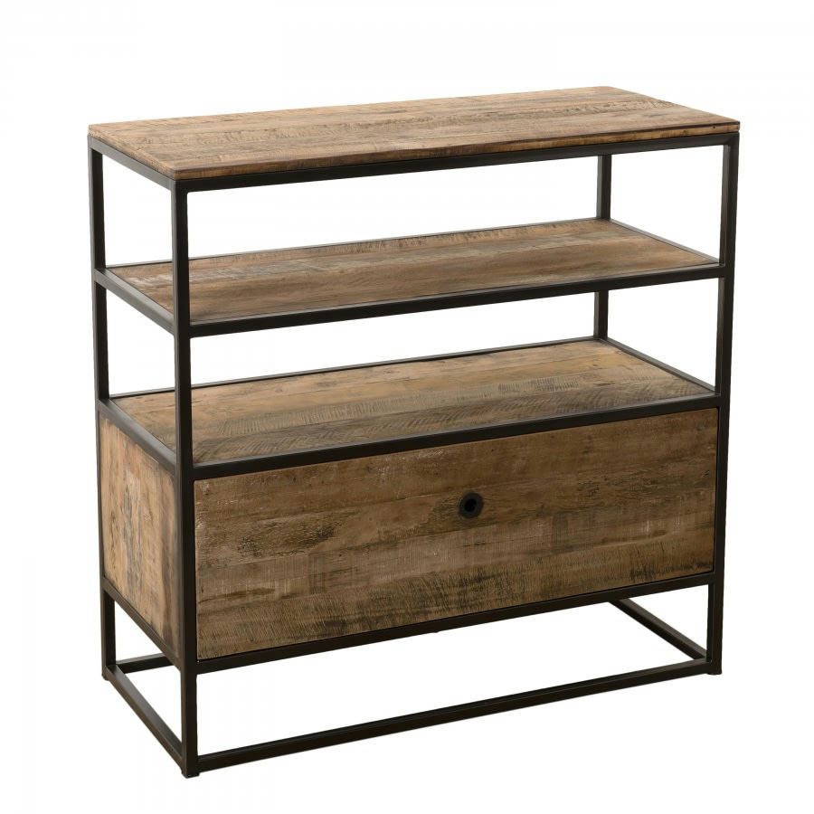 ALIDA - Etagère 1 tiroir en teck recyclé acacia mahogany métal noir