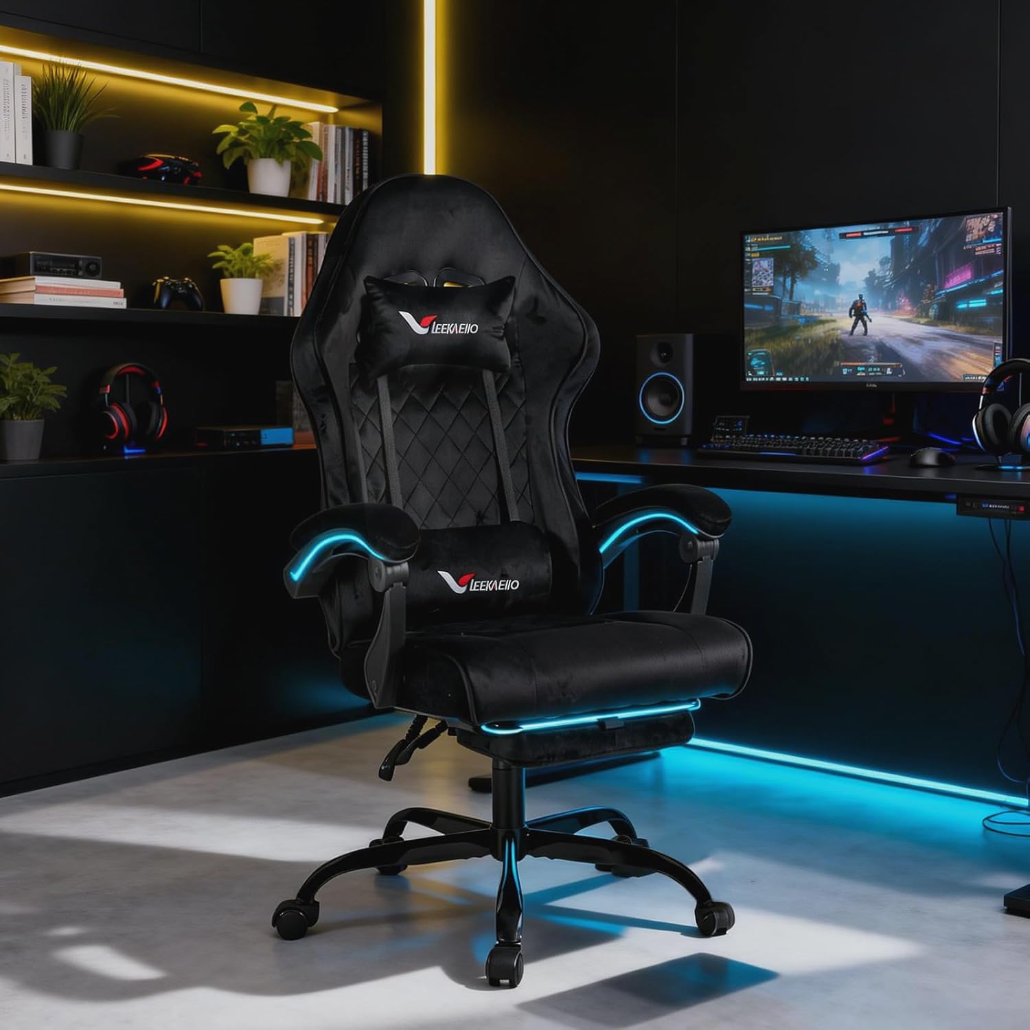 Velvet Gaming Chair for Adults with Pocket Spring Cushion Seat,Soft Gaming Chair Fabric with Extendable Footrest, Swivel Recliner with Ergonomic Lumbar Support and Headrest for Home/Office(Black)