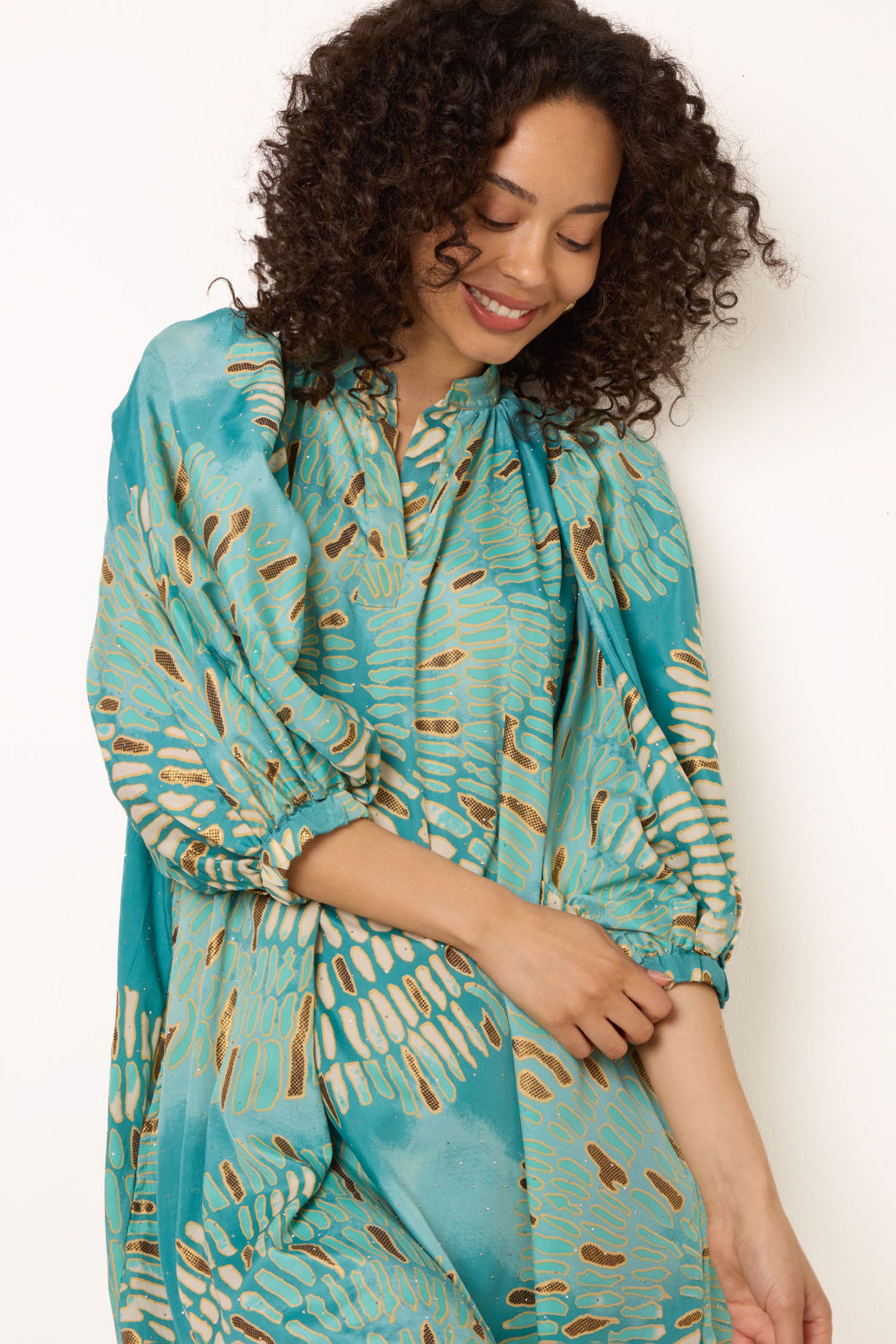 Blue Vanilla Aqua Diamante Tunic Dress With Puff Sleeve