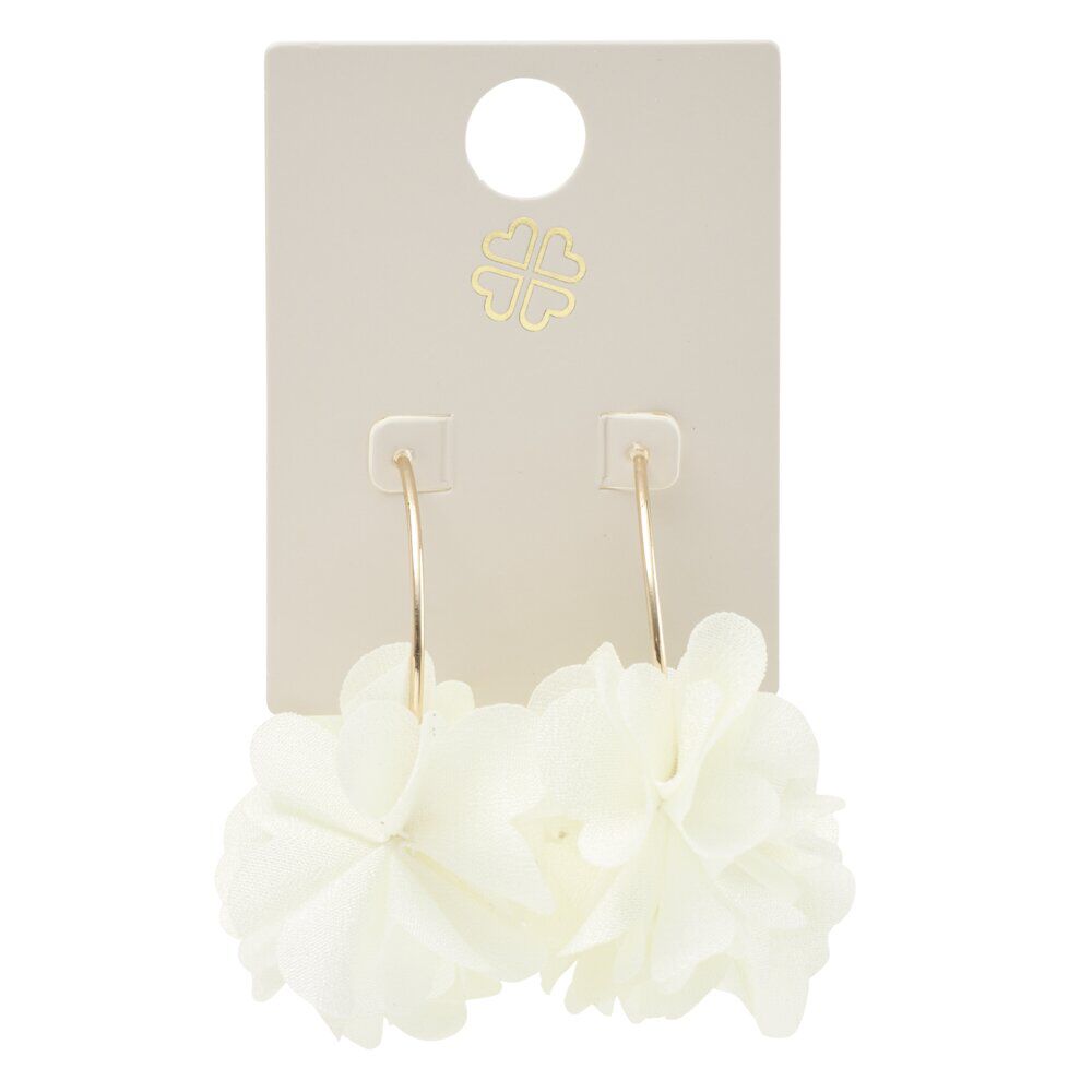 Créoles métal doré avec fleur tissu blanc Ø3,5cm