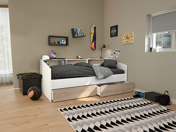Lit 90 x 190/200 cm avec rangements - Blanc et naturel   Sommier - PAULETTE
