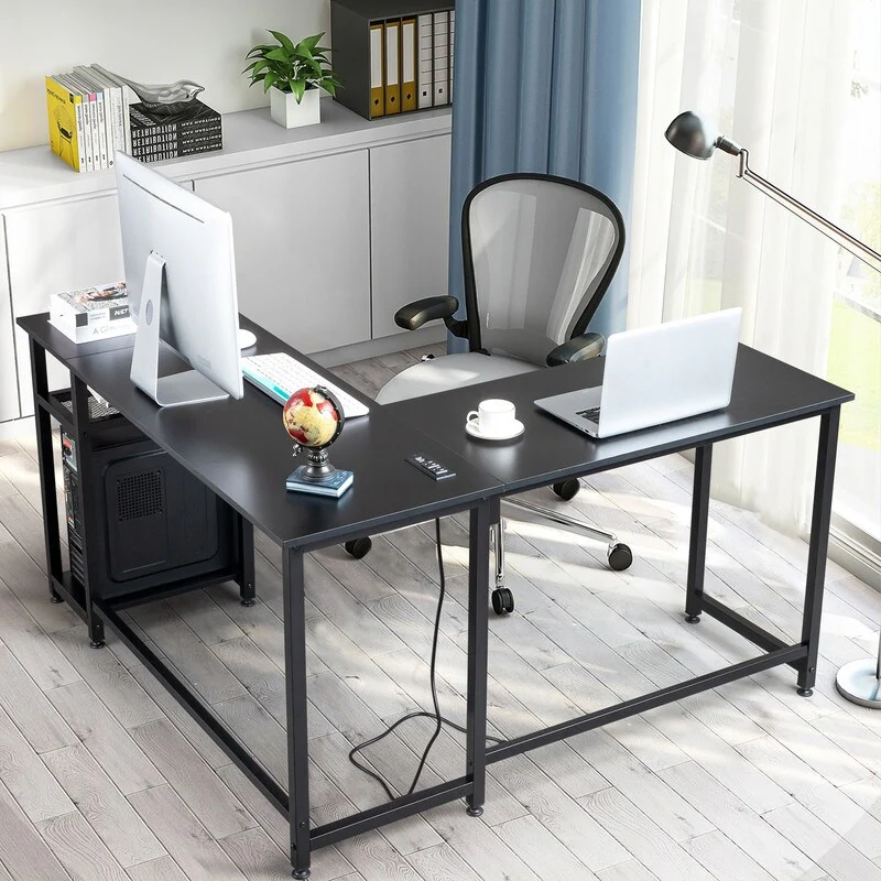 L-Shaped Desktop Computer Desk with Power Outlets & Shelf