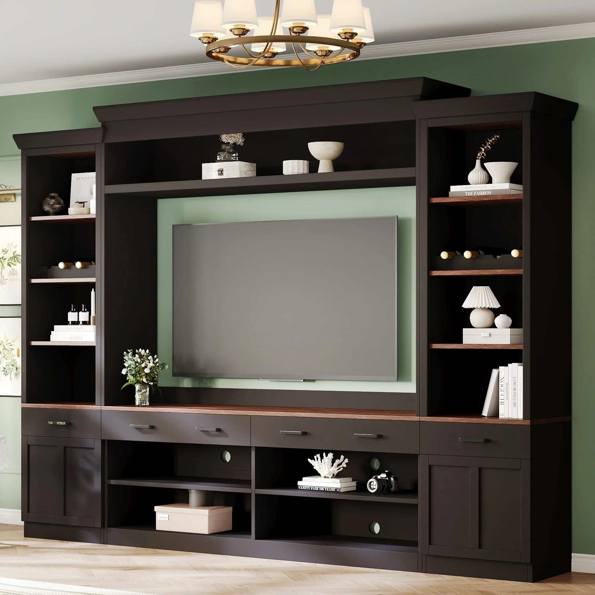 4-Piece Farmhouse Entertainment Wall Unit with Bookshelves, Adjustable Shelves