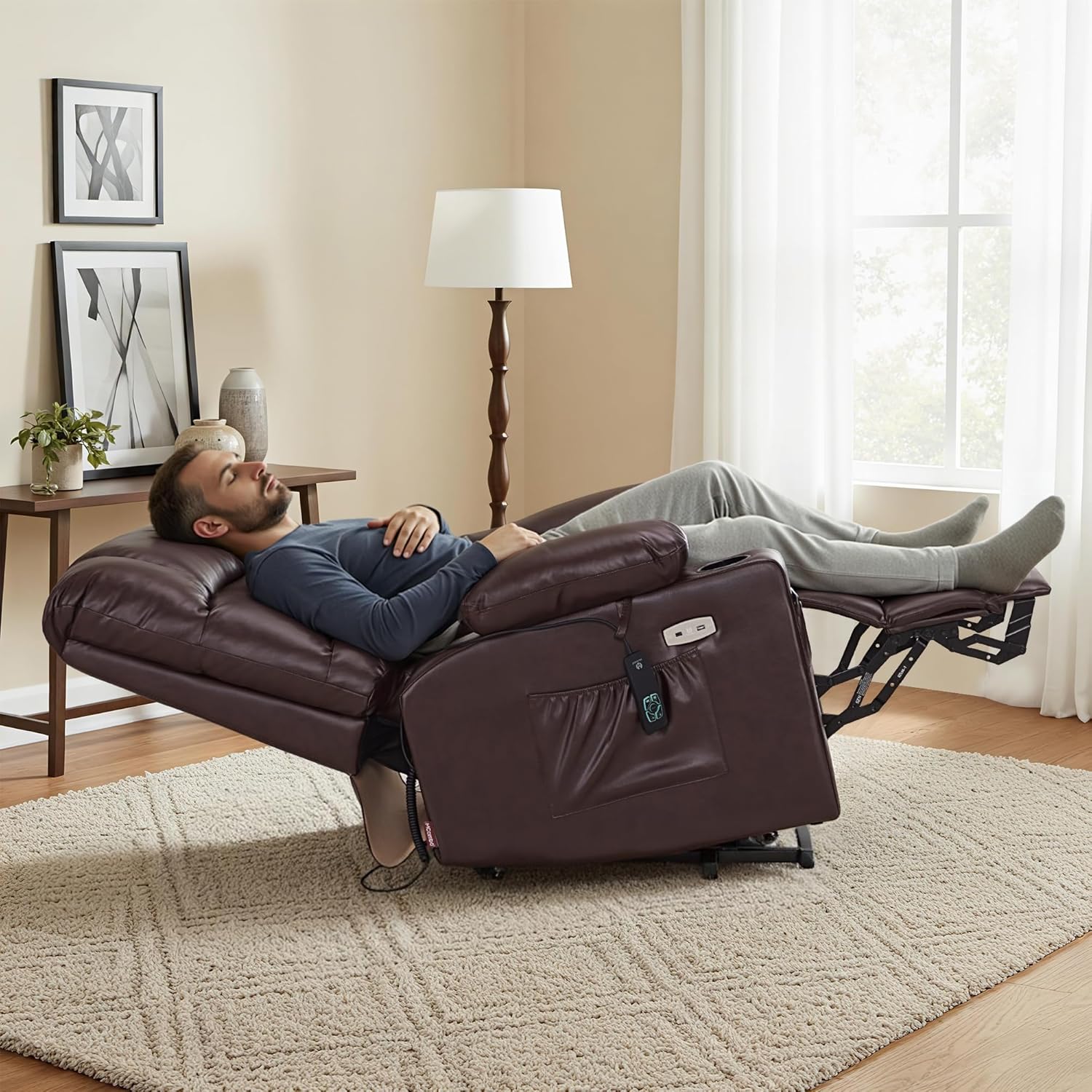MCombo Large Dual Motor Power Lift Recliner Chair for Elderly, Massage and Heat, Lay Flat, Zero Gravity, Home Button, USB Port, Faux Leather 7680 (Dark Brown, Large)