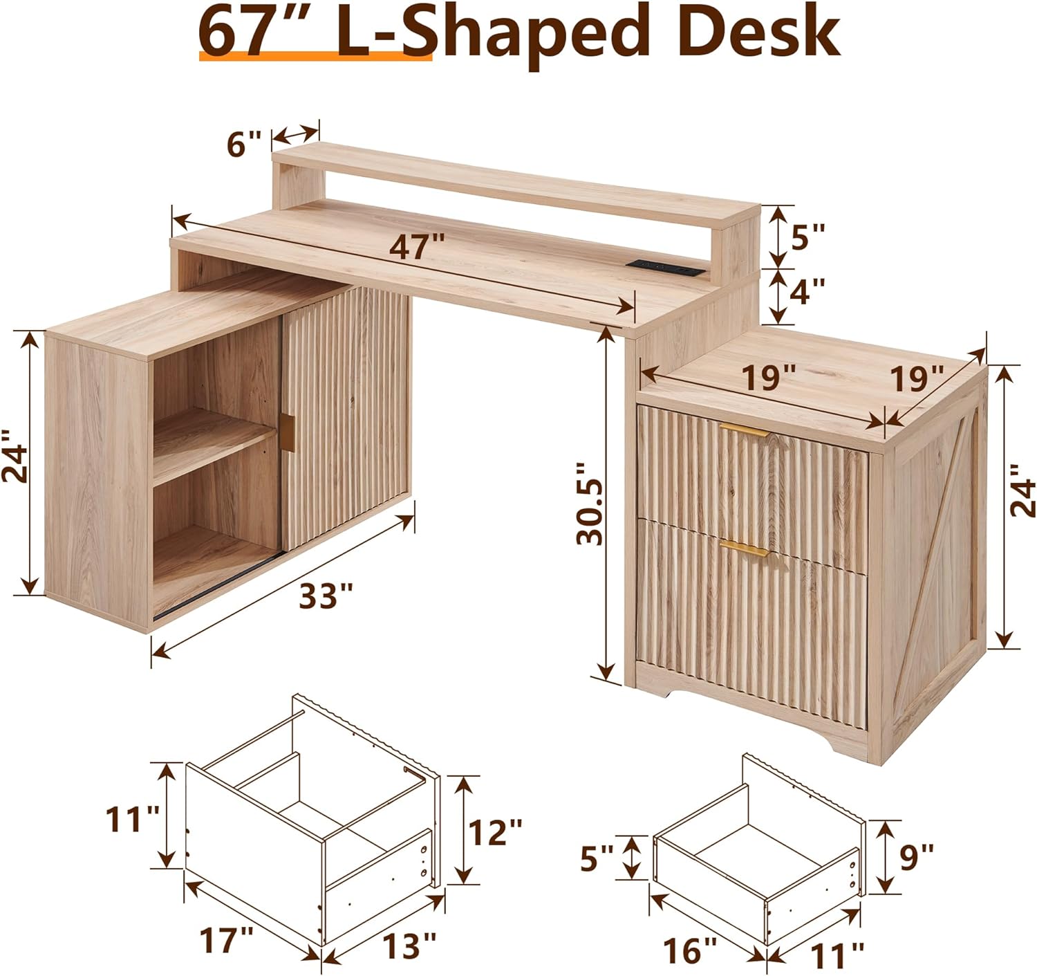 JXQTLINGMU 67 Modern L Shaped Desk with Storage Cabinet & Drawers, Wood Home Office Desk with Power Outlets, Fluted Computer Writing Desk, Natural Oak