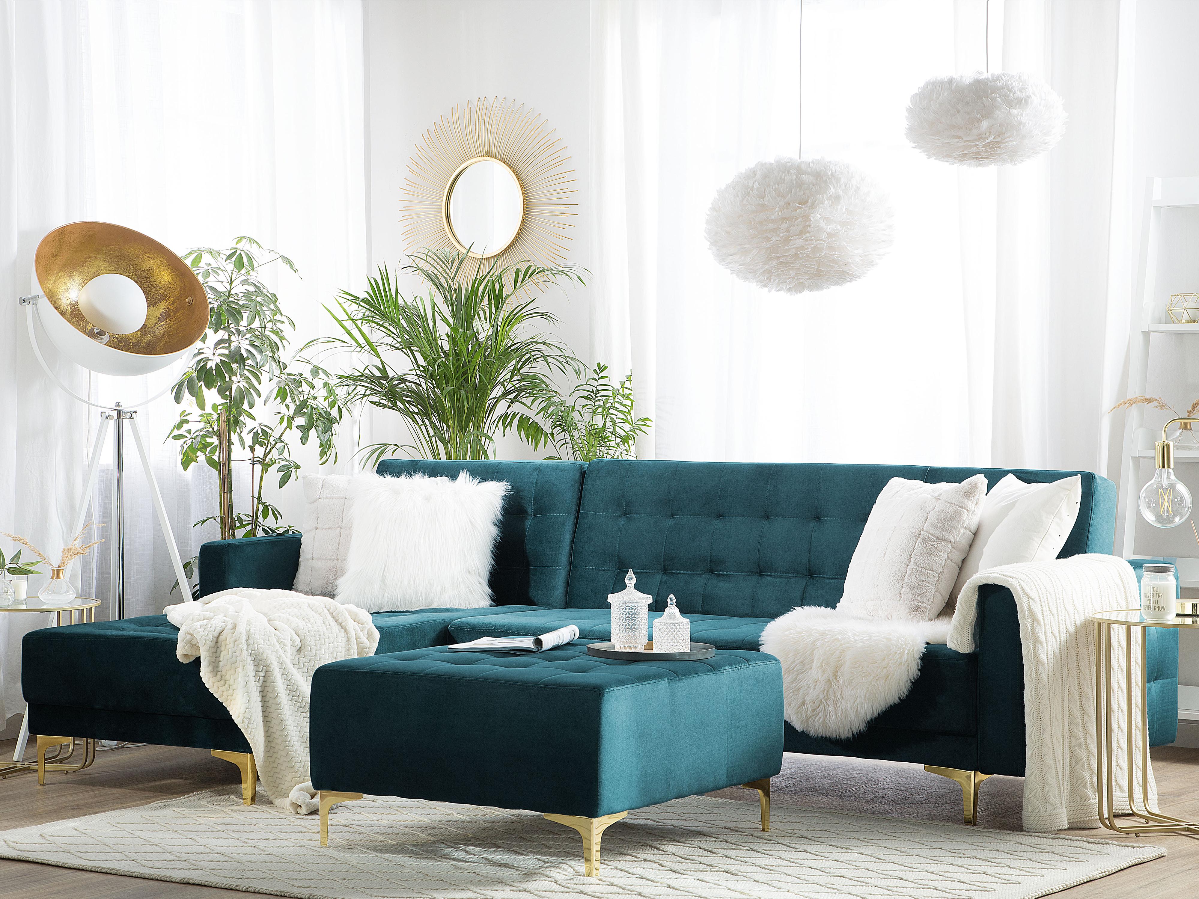 Modular Corner Sofa Bed 4 Seater ABERDEEN Velvet Teal with Ottoman Right Hand