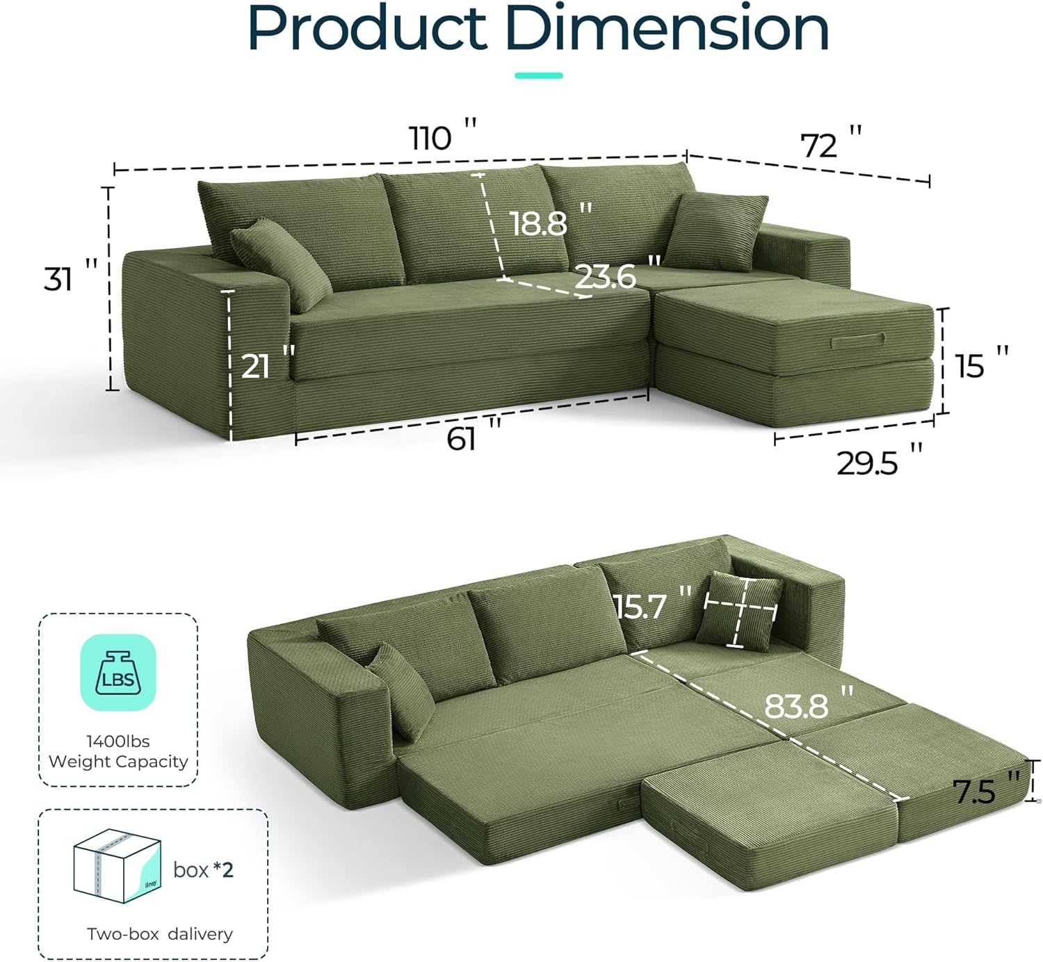 LINSY HOME Oversized Convertible Sofa Bed with 2 Pillows & Ottoman, Corduroy Boneless Couch Folding Modular Sleeper Sofa, L Shaped Couch Floor Sofa for Living Room Apartment, Upgrade Backrest (Green)