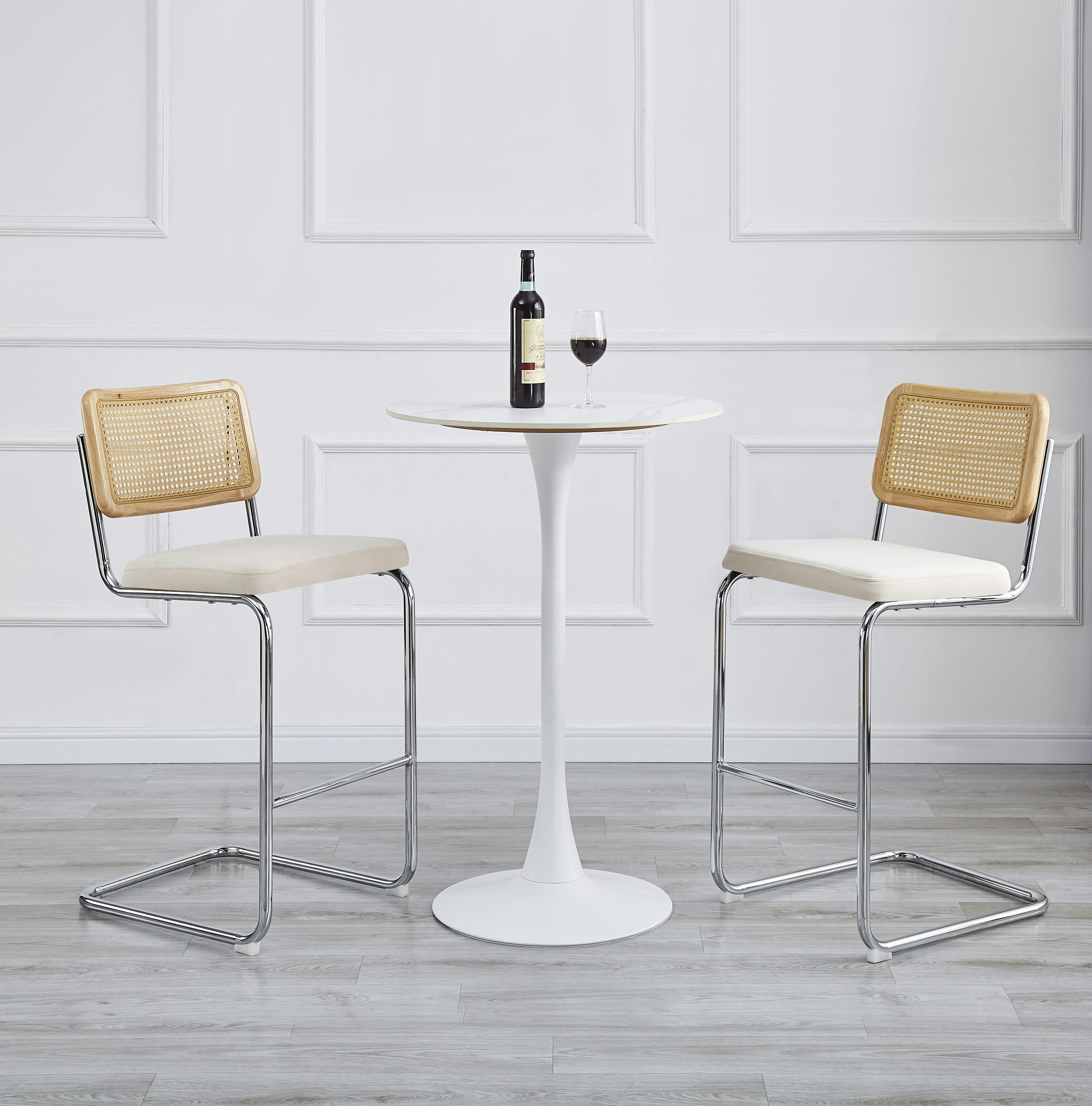 - Lot de 2 tabourets de bar en métal et cannage tissu beige