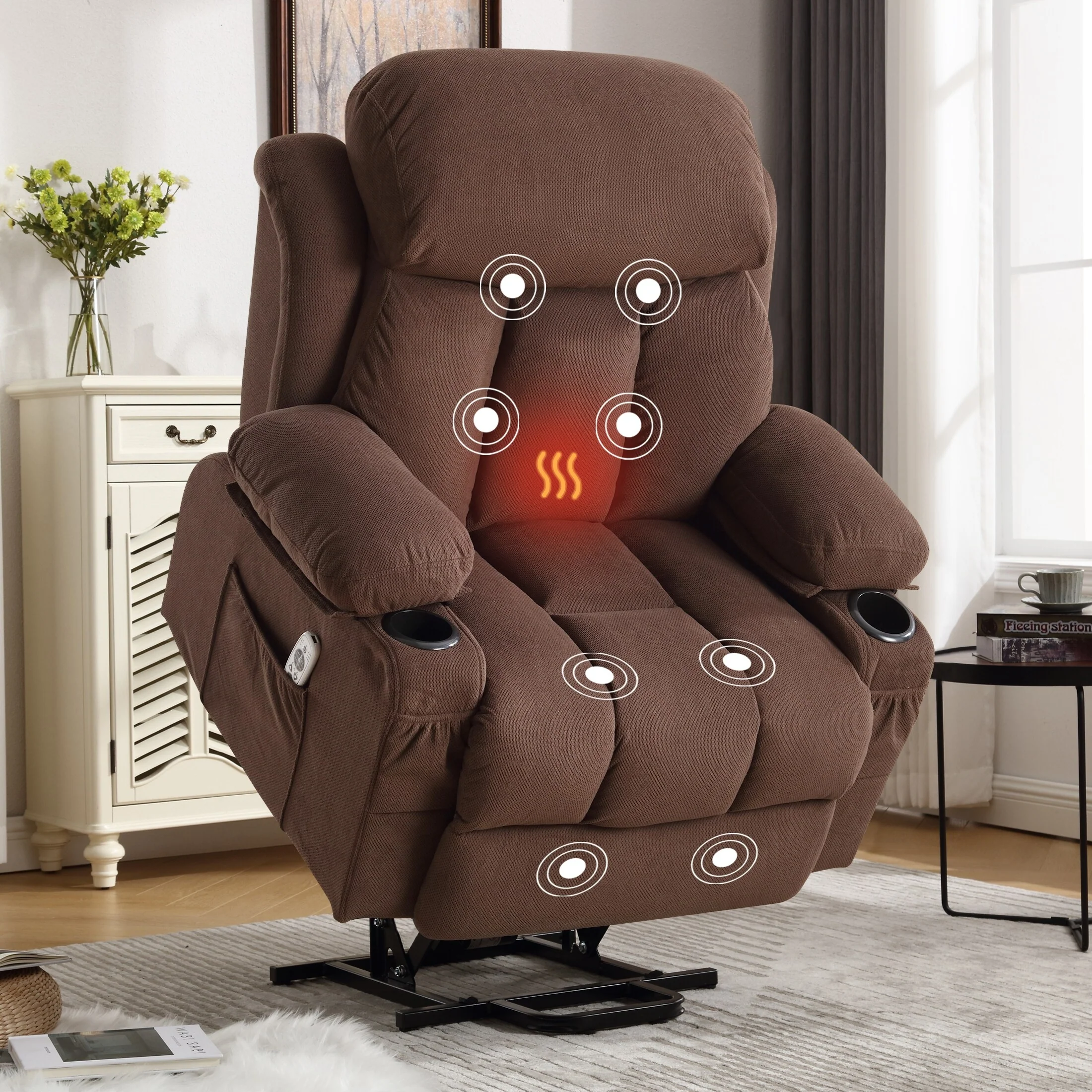 Grey Electric Recliner with Heat, Massage, Remote Control, USB Charging, and Side Pockets for Seniors