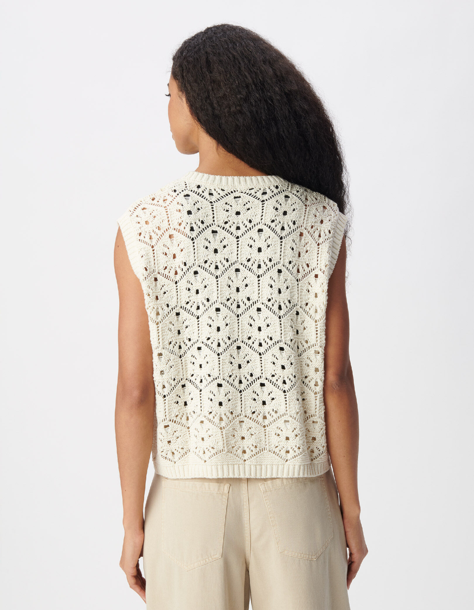 Cardigan sans manches vert tricot ajouré Femme