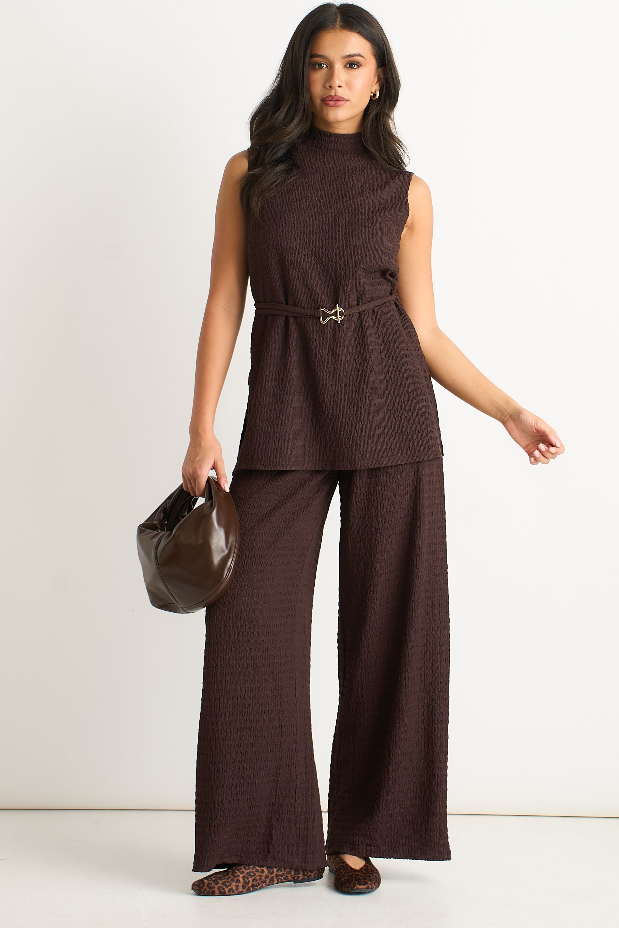 Gini London Chocolate Funnel Neck Textured Jersey Tabard Top