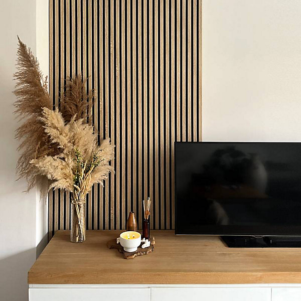 Panneau tasseaux bois 250 x 30 x 1,9 cm - décor chêne clair fond noir - 0,75m²