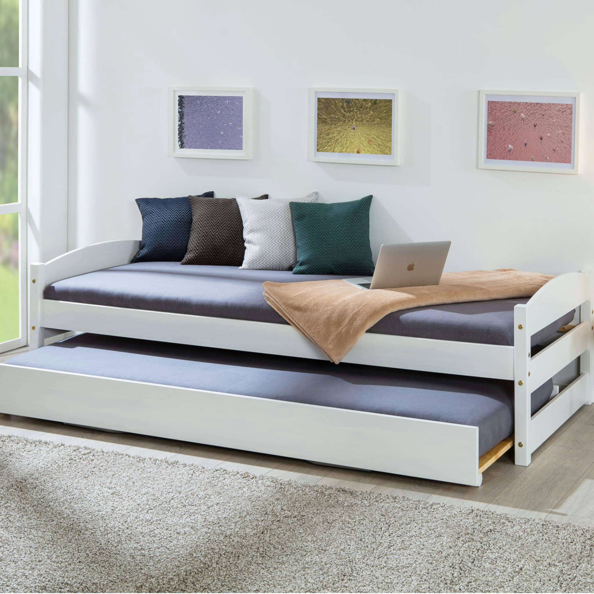 - Lit gigogne bois massif, réglable en hauteur blanc 90x200