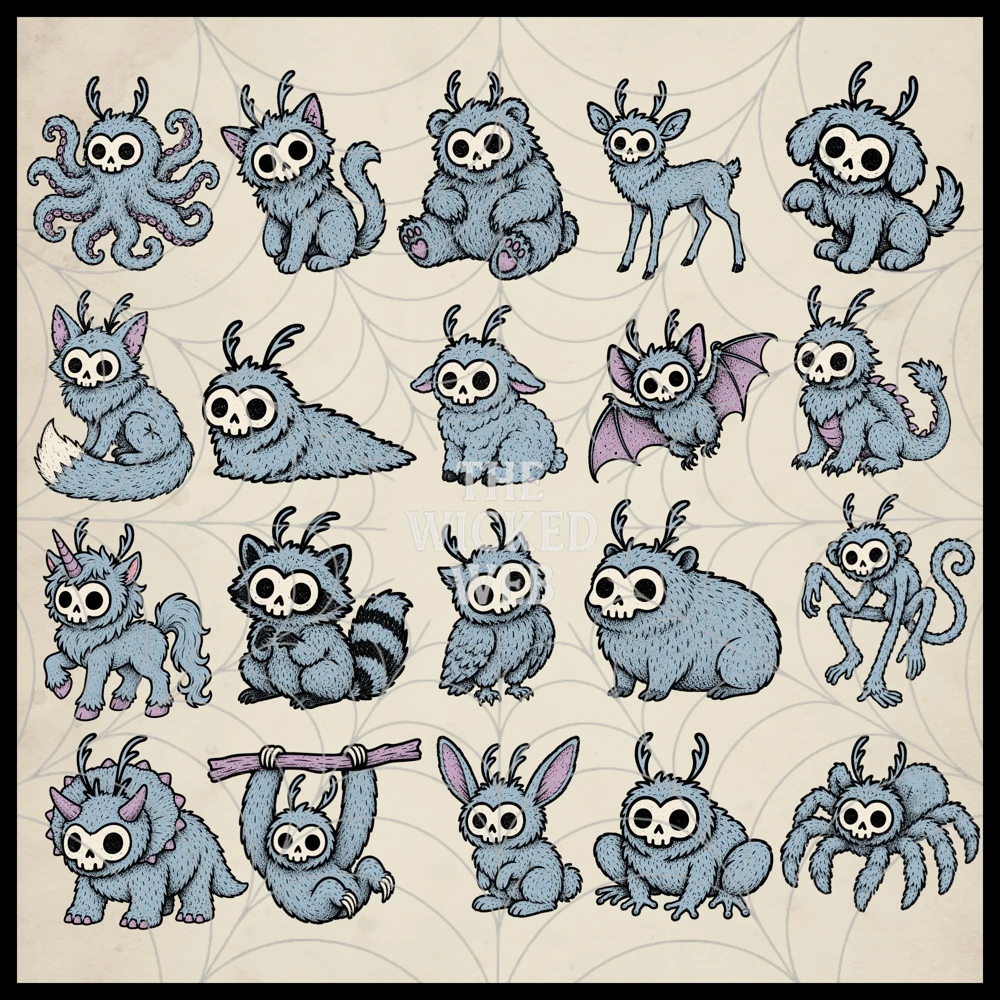 Creepy Cute Animal Clipart: 20 Skull Creatures, Pastel Goth Digital Horror Stickers & Printable PNG, Halloween