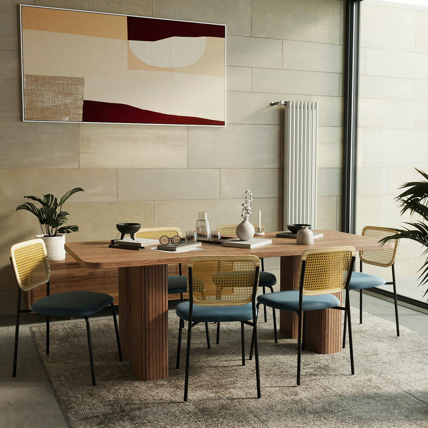 JUNA - Lot de 2 chaises en rotin et velours bleu