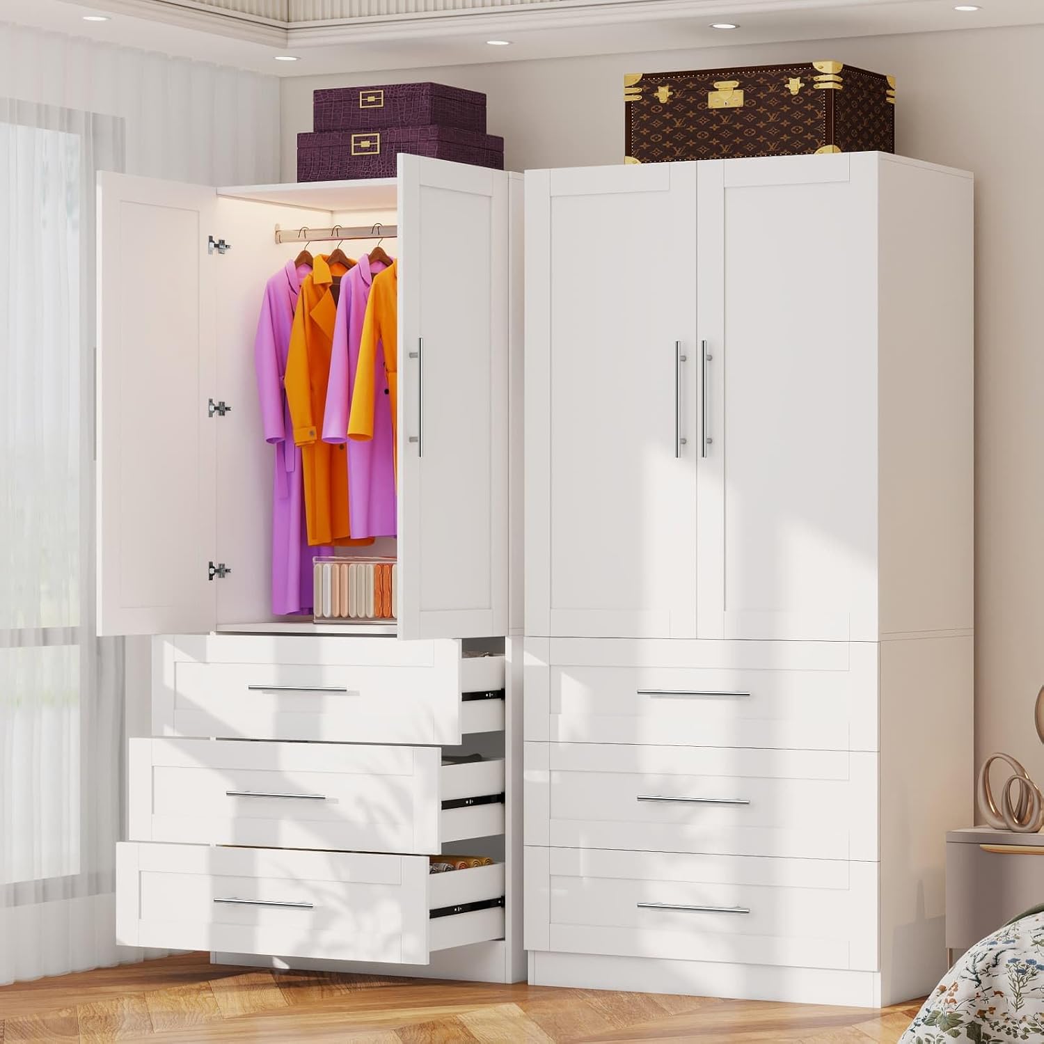 fastgo Armoire Wardrobe Closet with 3 Large Deep Drawers, 71 Tall Bedroom Armoires with 2 Doors & Hanging Rod, 20.4 Extra Deep Wood Wardrobe Cabinet, White, Single Wardrobe