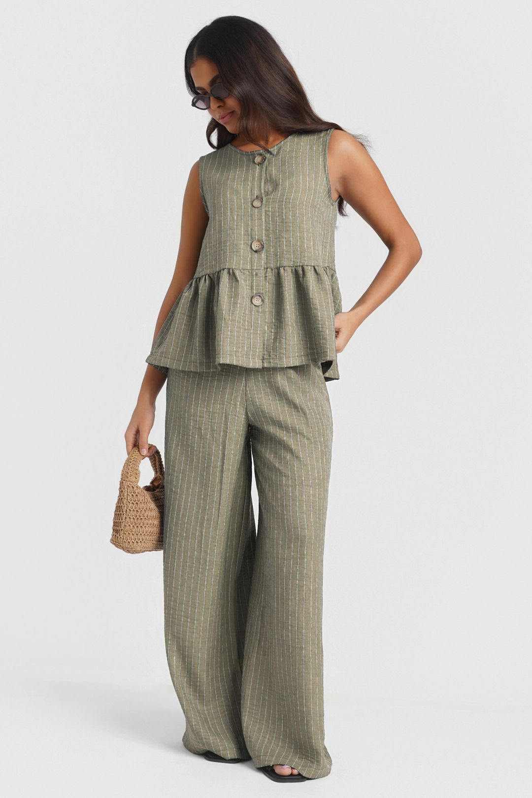 Needs No Label Khaki Stripe Peplum Top