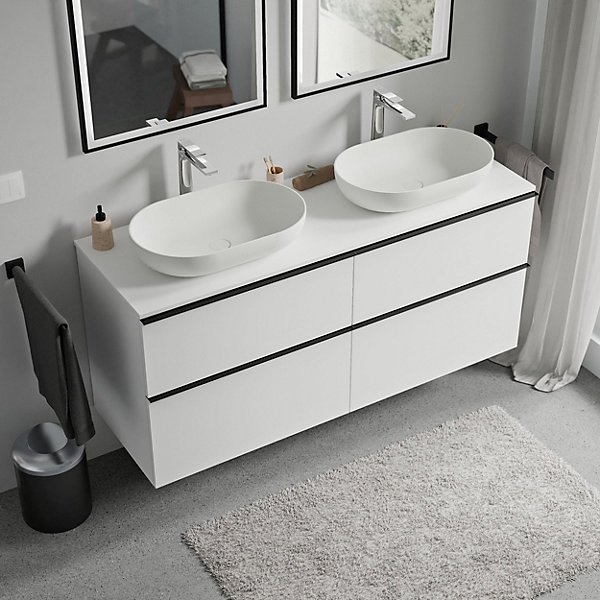 Meuble sous vasque suspendu MDF Blanc mat, plan vasque Blanc mat, poignée Noir mat - 140x46x62cm - LAVOA