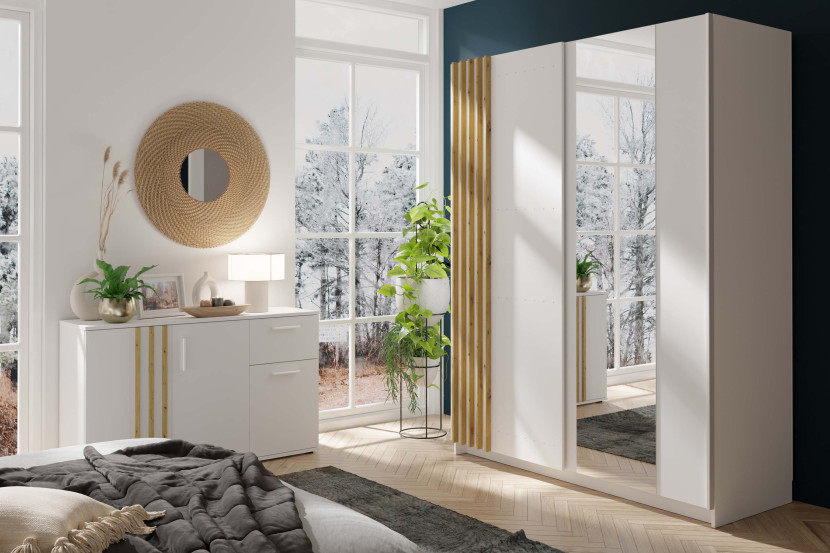 KONSIMO FERIO Komoda do salonu 120 cm styl modern biały z elementami dębu