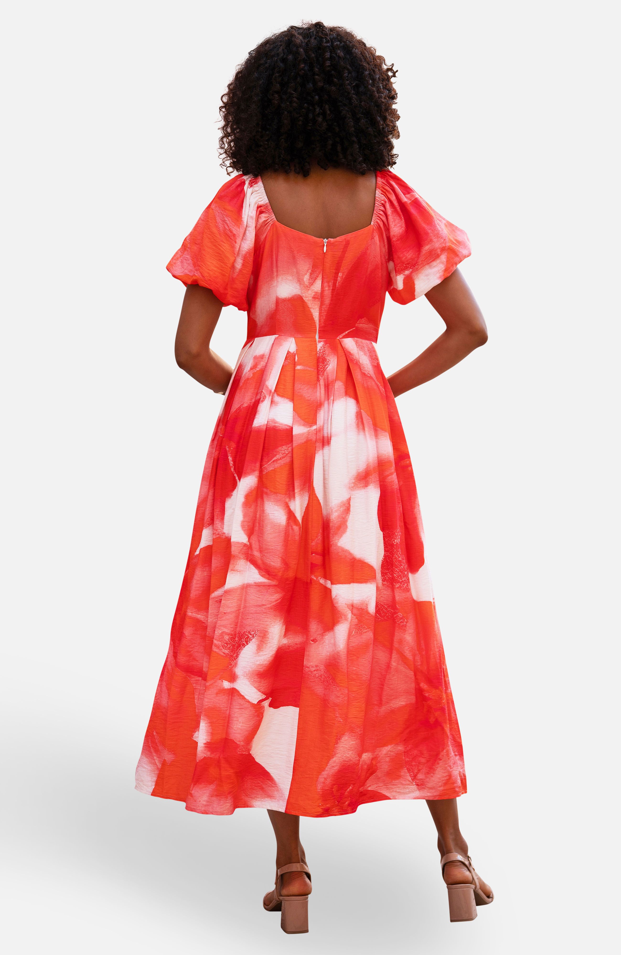 Yumi Red Viscose Floral Midi Dress With Puff Sleeves
