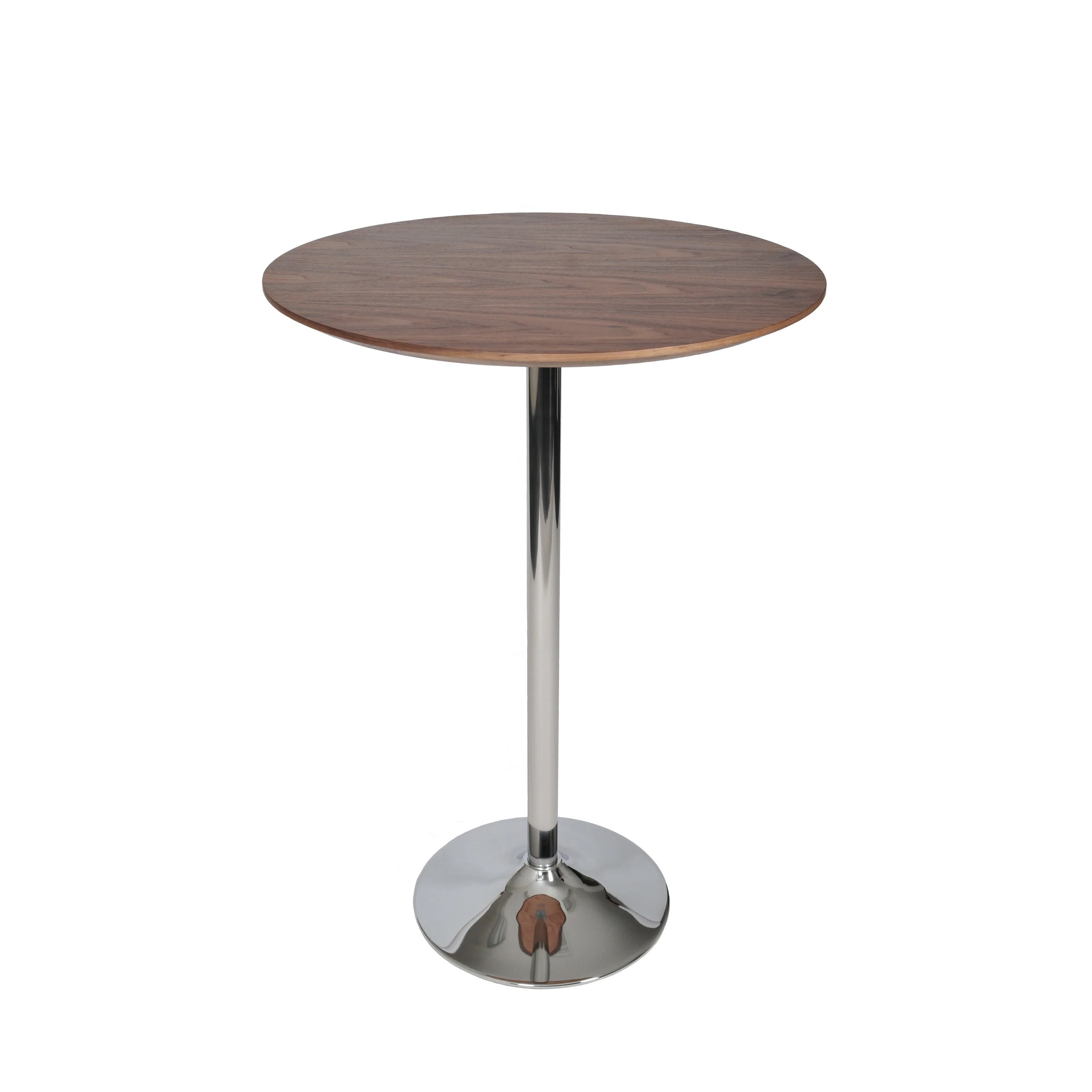 42 Inch High Bar Table, Walnut Brown Round Top, Modern Metal Pedestal Base