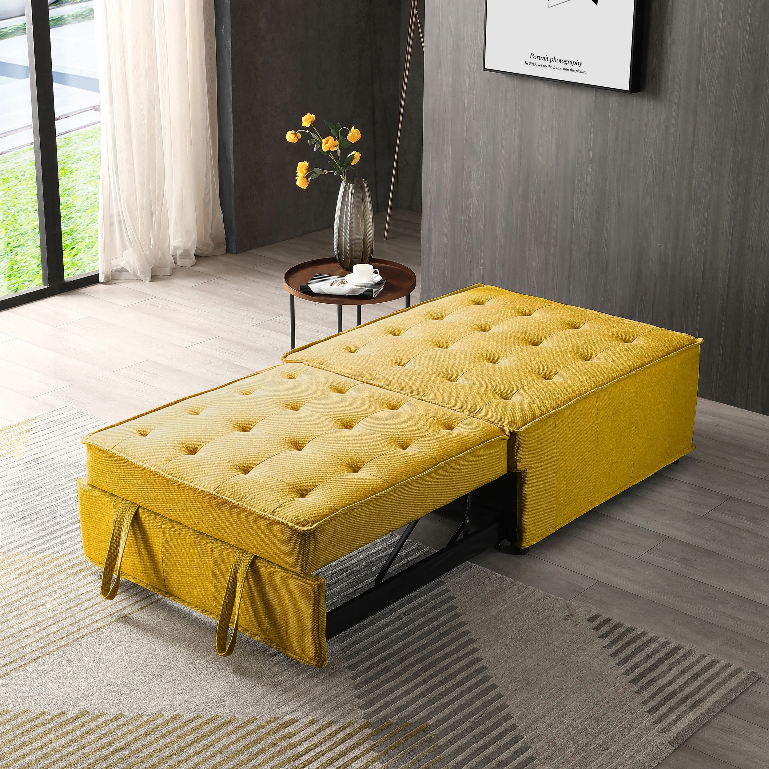 Yellow 39 Single Multipurpose Ottoman Pull Out Sofa Bed with Adjustable Backrest and Pillow for Living Room