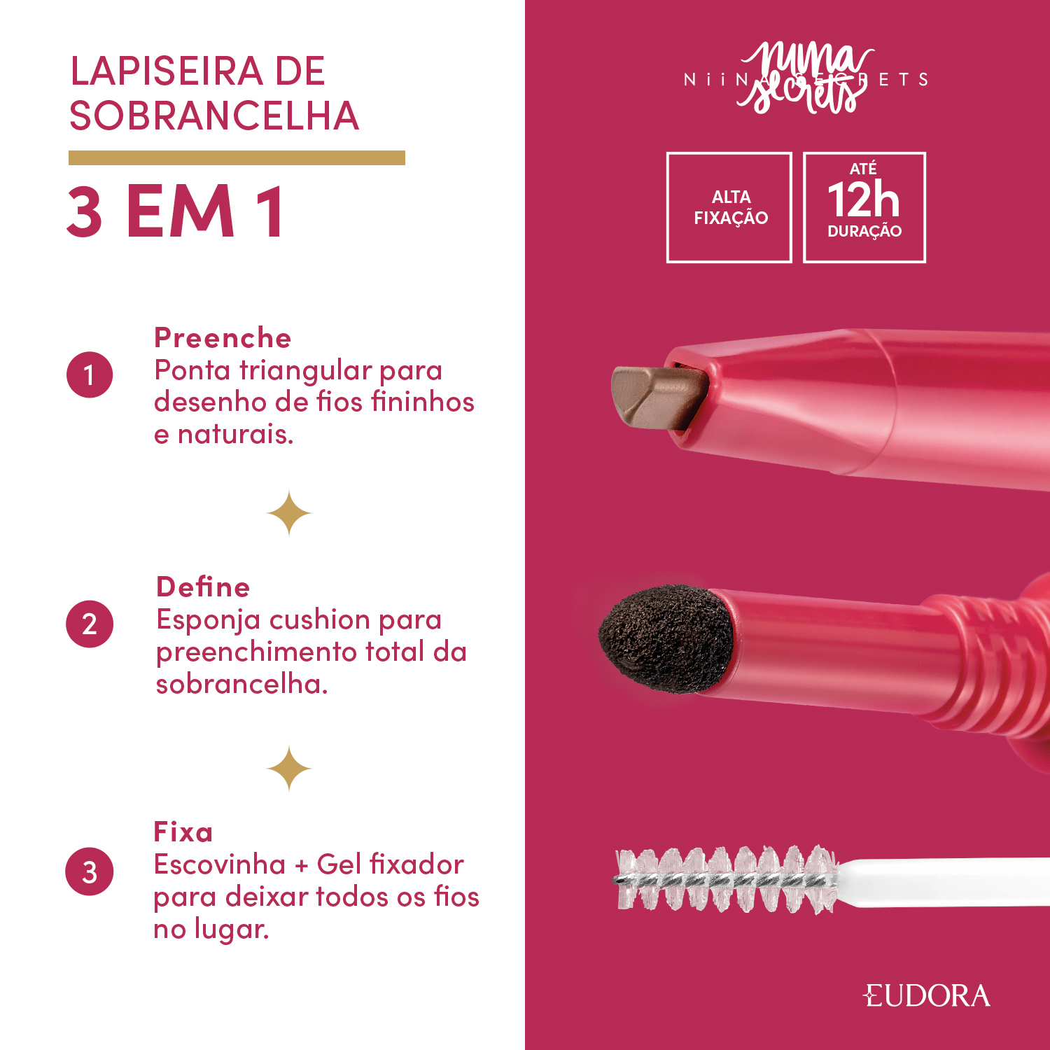 Lapiseira de Sobrancelha 3 em 1 Escura Niina Secrets 1,1g