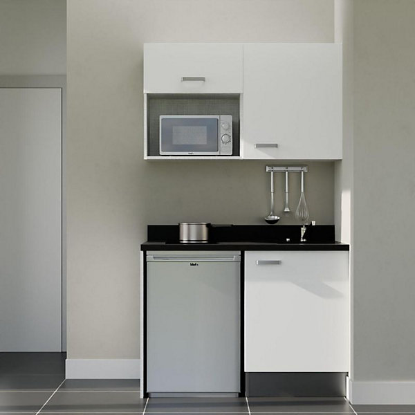 Kitchenette K07 - 120 cm - façades Blanc - Plan monobloc en quartz coloris Nero évier à droite - Electroménager Inox