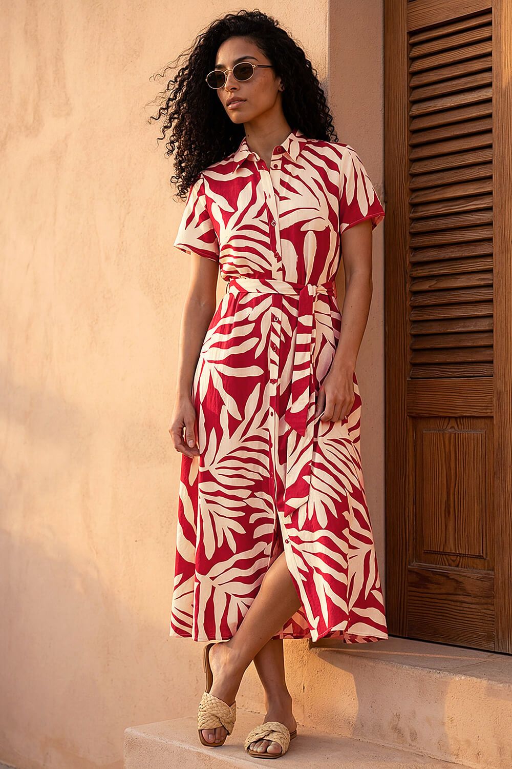 Roman Leaf Print Belted Midi Shirt Dress