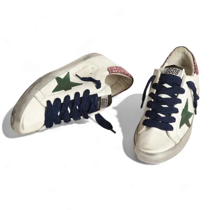 Super-Star sneakers with green suede star and pink glitter heel tab