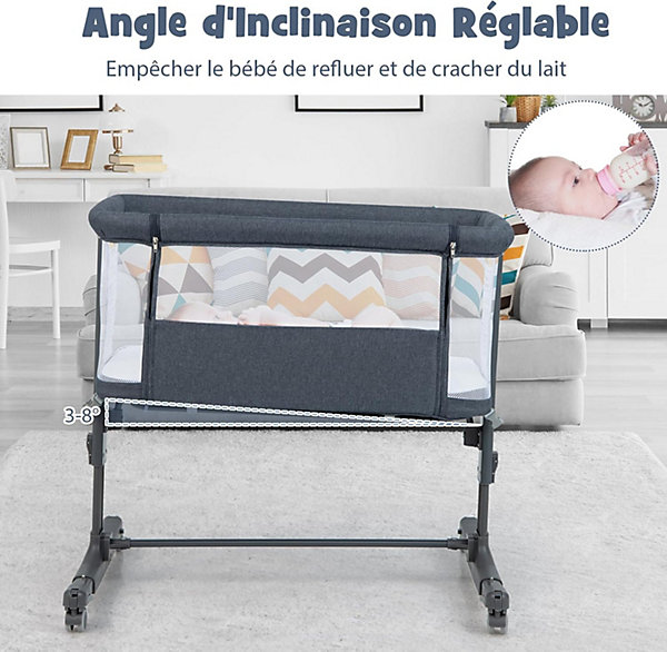 Berceau Bébé 3 en 1 Lit Cododo Portable avec Matelas Amovible Hauteur Réglable Poches de Rangement et Roues Verrouillables Gris