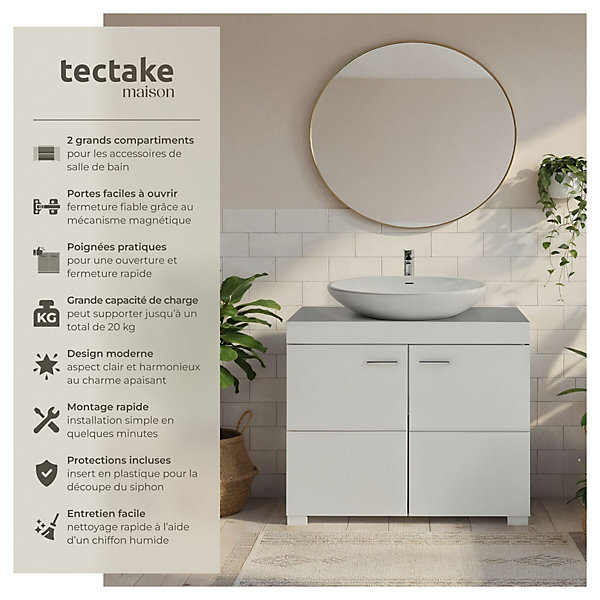 Meuble sous-lavabo 2 compartiments avec 2 portes battantes blanc