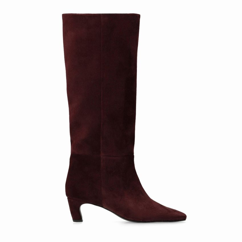 Manfield Bordeaux rode suède hoge laarzen met hak