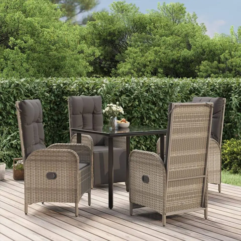 vidaXL - 5-delige Tuinset met kussens - Grijs - PE-rattan en glas - 80x80 cm