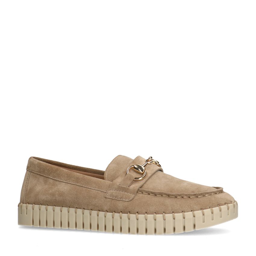 Manfield Beige suède loafer met goudkleurig detail