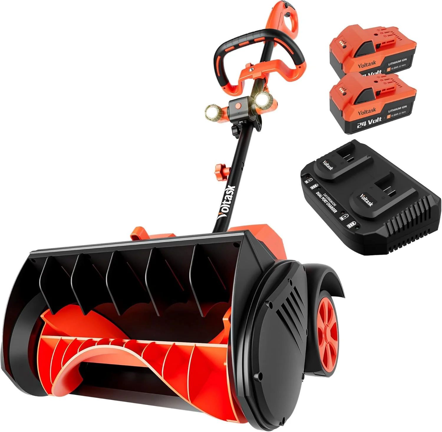 Cordless Snow Shovel with Wheels, 48V | 16-Inch | 4-Ah Brushless Cordless Snow Blower, Battery Snow Blower with Directional Plate  LED Lights (2 * 24V Battery  Dual Quick Charger Included)(16-INCH BLACK)
