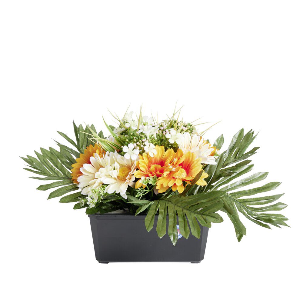 Composition florale artificielle gerbera orange blanc jardinière L34xH28cm